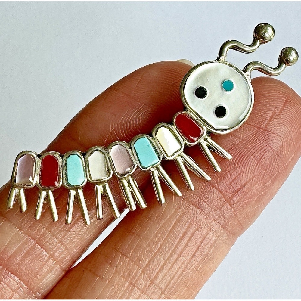 Zuni Bug Pin Turquoise Caterpillar Brooch Inlay 2in‎ Sterling Signed EE Native